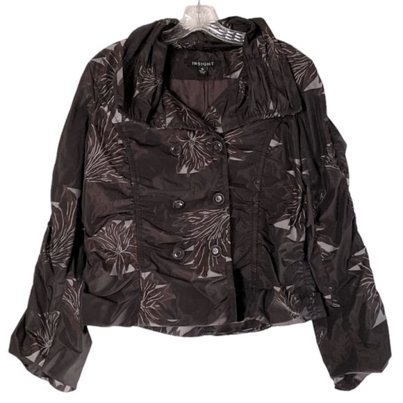 Insight Double Breasted Ruched Floral Print Jacket Sz 10 Brown Gray Lightweight - Picture 2 of 8